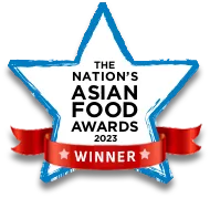 The Nation's Asian Food Awards 2023 Winner badge with a blue star and red ribbon banner